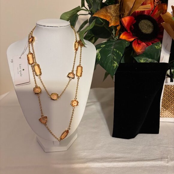 Beautiful Kate Spade Peach Color Necklace (34") in Gold Tone with pouch - Picture 9 of 16